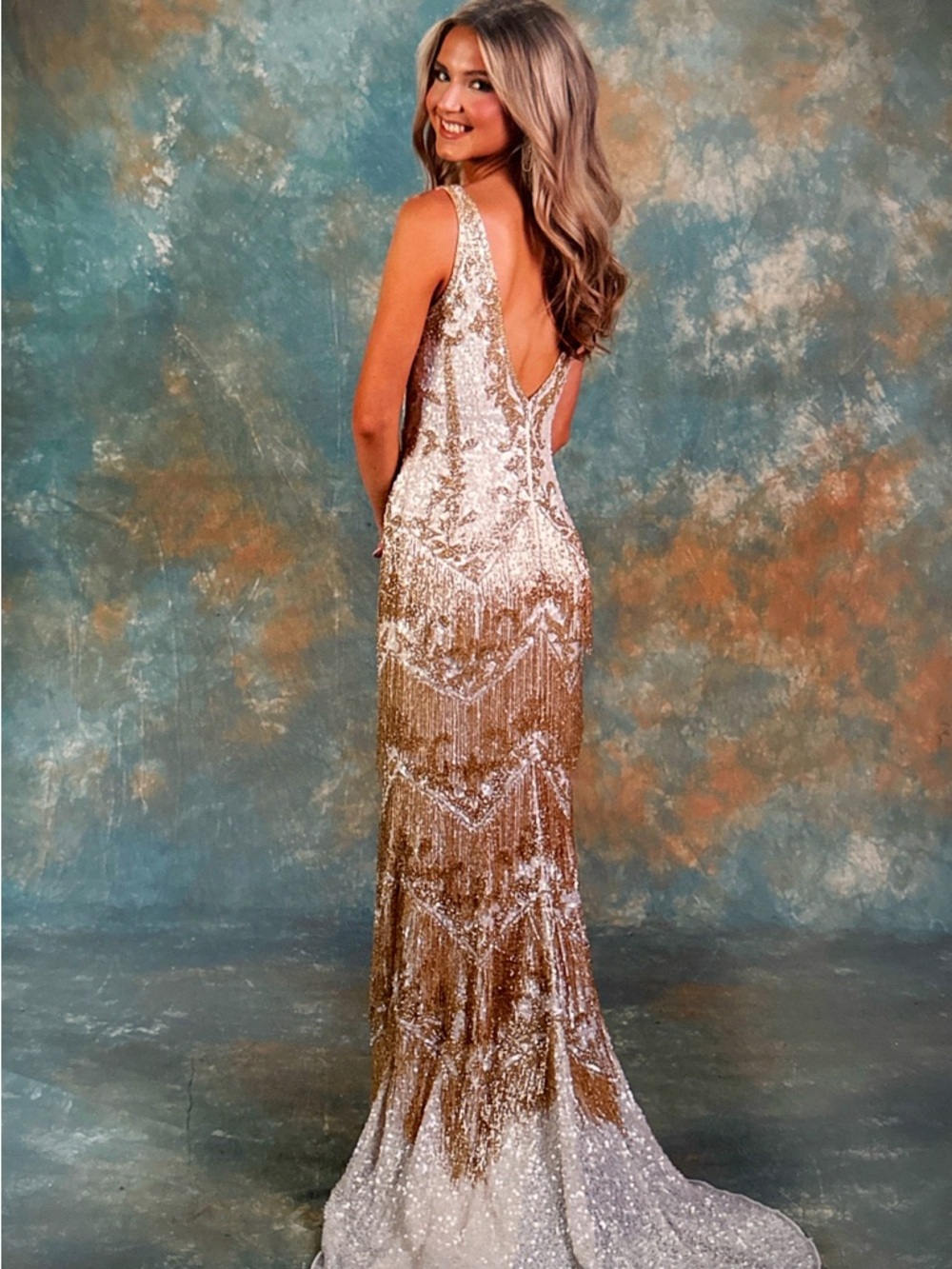 Jovani Gold and White Sequin Fringe V‑Neck Prom Dress - Picture 3 of 3